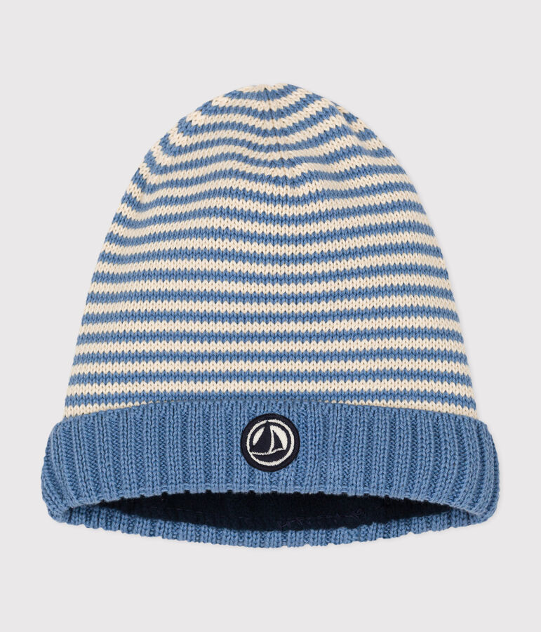 Babies' fleece-lined knitted hat blue/ecru