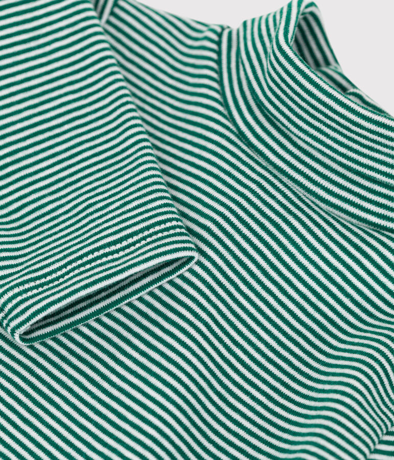 Babies' Stripy Long-Sleeved Roll Neck Cotton Bodysuit EVERGREEN /MARSHMALLOW