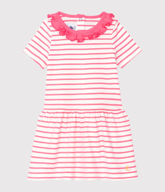 Baby Girls' Striped Dress with Ruff MARSHMALLOW white/CUPCAKE pink