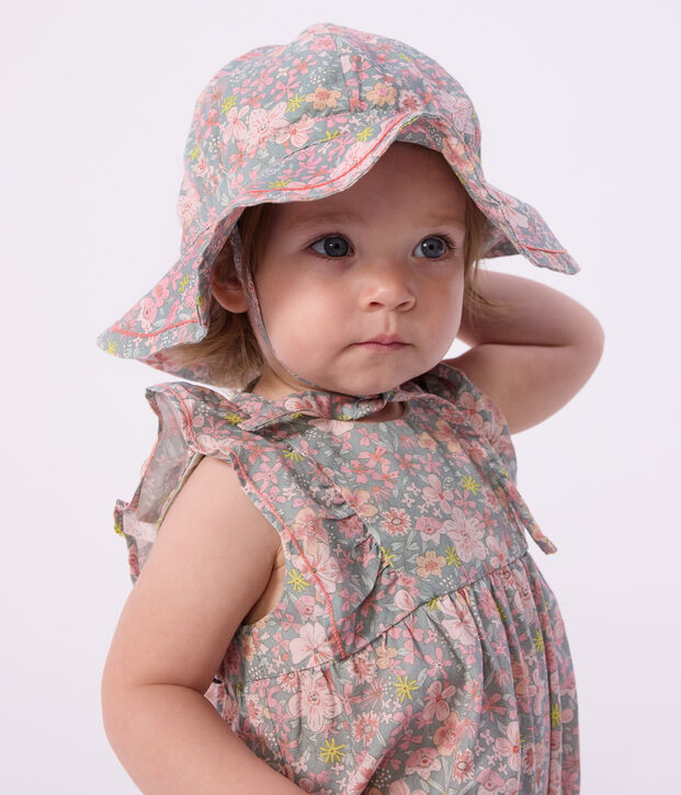 Babies' sleeveless floral print cotton gauze rompers blue/multicolor