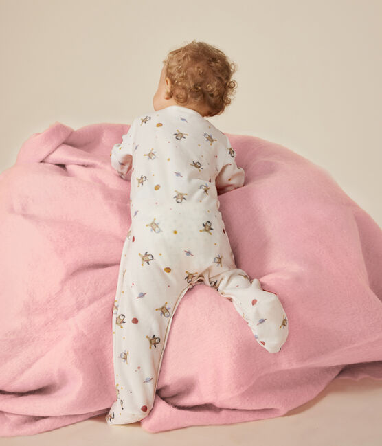 Babies' little penguin in space print velour pyjamas MARSHMALLOW white/MULTICO white
