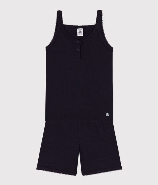 Girls' Plain Cotton and Tencel Short Pyjamas with Straps SMOKING blue