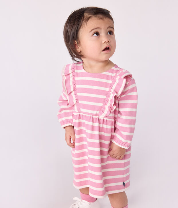 Babies' long-sleeved stripy cotton dress pink/ecru