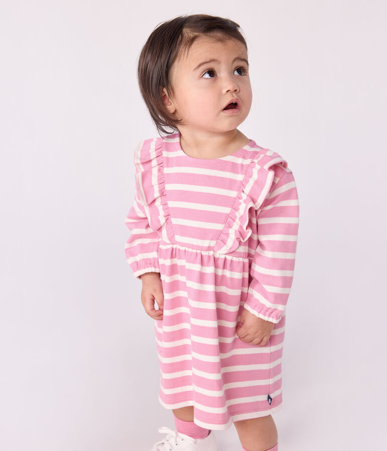 Babies' long-sleeved stripy cotton dress pink/ecru