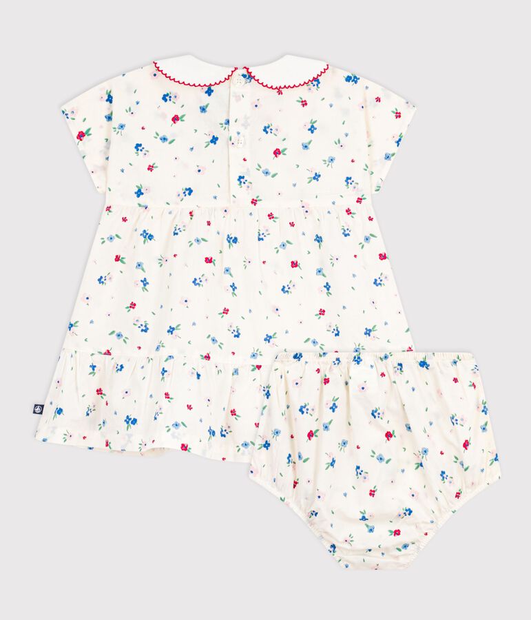 Babies' short-sleeved cotton dress and matching bloomers printed with hearts MARSHMALLOW white/MULTICO white