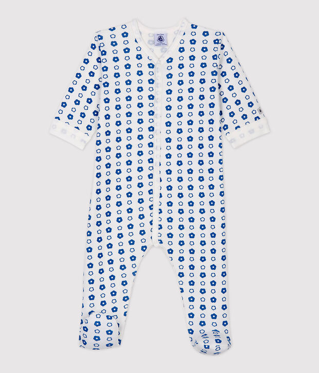 Babies' Retro Floral Organic Cotton Fleece Sleepsuit white/blue