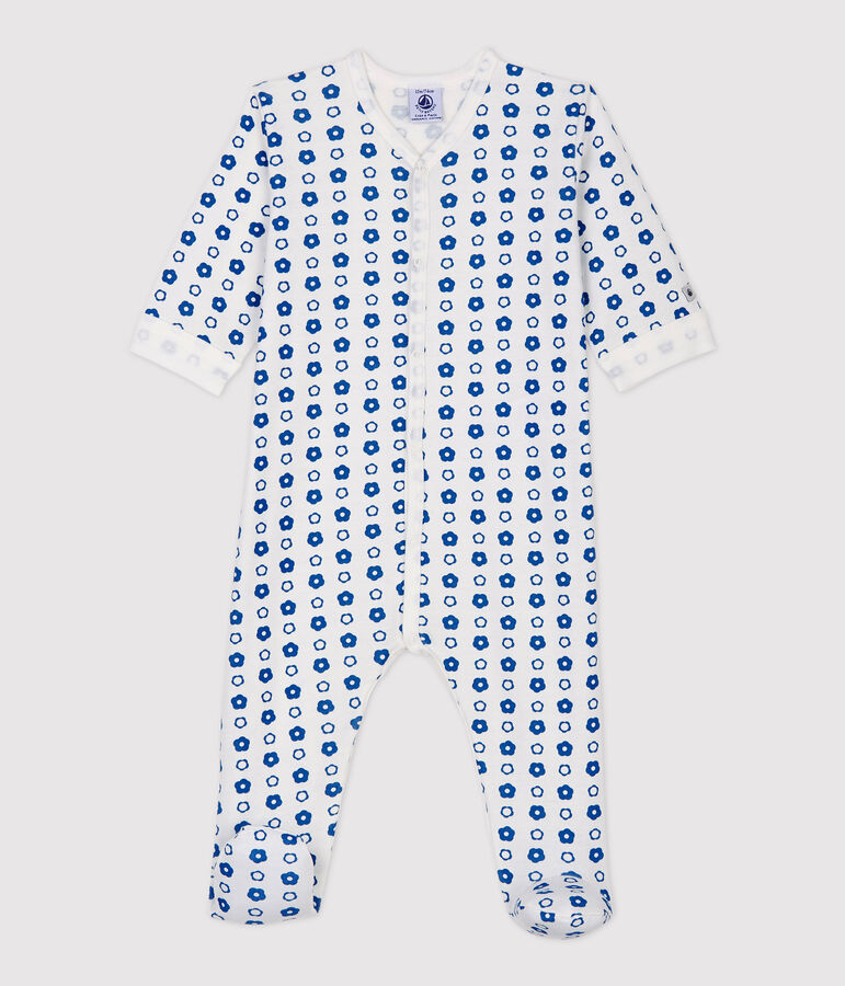 Babies' Retro Floral Organic Cotton Fleece Sleepsuit white/blue