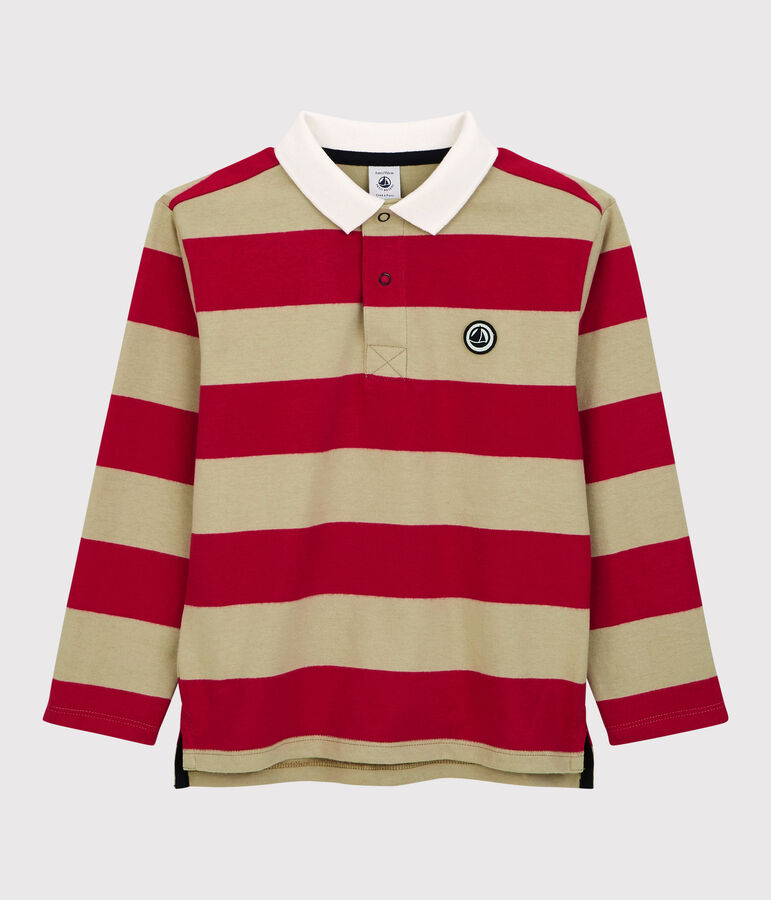 Boys' Striped Long-Sleeved Cotton Polo Shirt red/beige