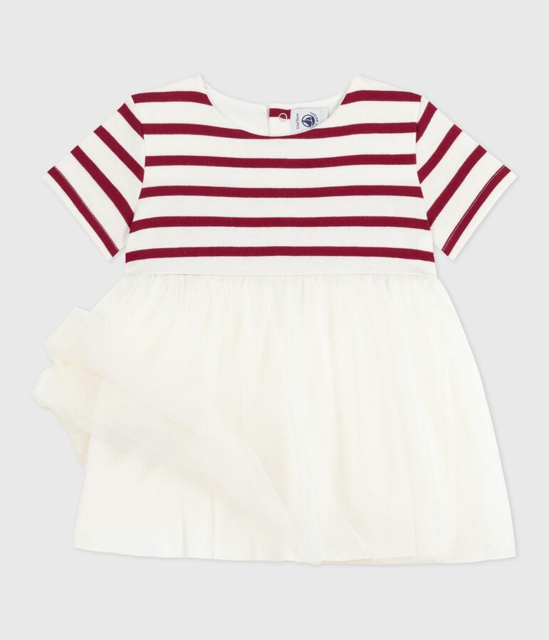 Babies' short-sleeved dress in two materials Ecru/red