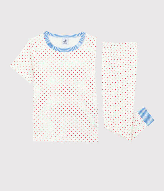 Boys' Short-Sleeved Red Star Pattern Organic Cotton Pyjamas MARSHMALLOW white/PEPS red