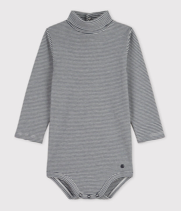 Babies' Stripy Long-Sleeved Roll Neck Cotton Bodysuit grey/white