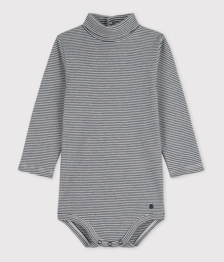 Babies' Stripy Long-Sleeved Roll Neck Cotton Bodysuit grey/white