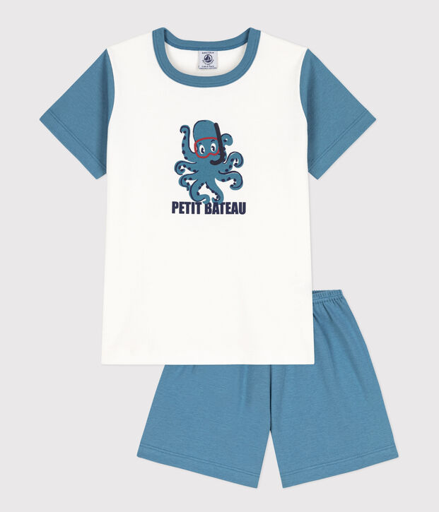 Children's unisex octopus print cropped cotton pyjamas blue/white