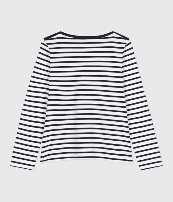 Women's long-sleeved cotton Breton top MARSHMALLOW white/SMOKING blue