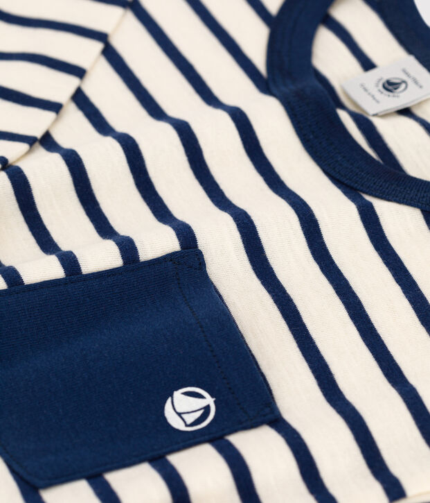 Boys' Long-Sleeved Cotton T-Shirt Ecru/blue