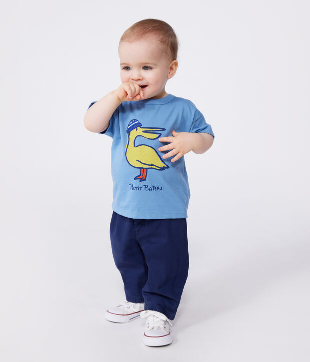 Babies' short-sleeved plain cotton T-shirt blue