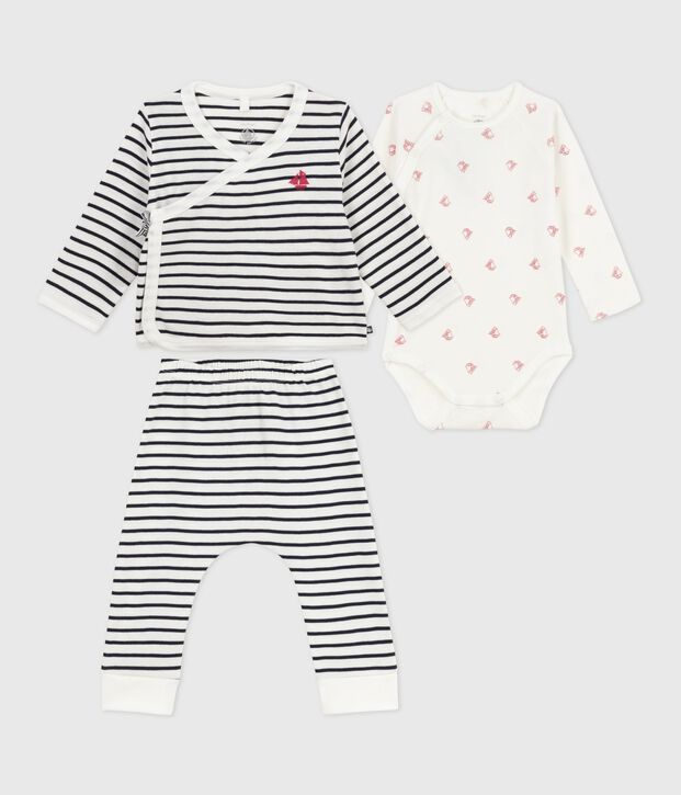 Babies' 3-piece set with a Breton top and a body printed with boats white/blue
