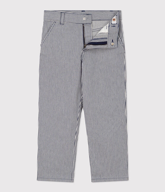 Boys' Stripy Cotton Trousers MEDIEVAL blue/MARSHMALLOW white