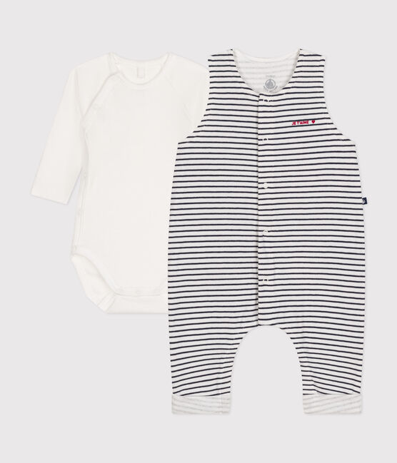 Babies' Cotton Jumpsuit and Bodysuit Outfit MARSHMALLOW white/SMOKING blue