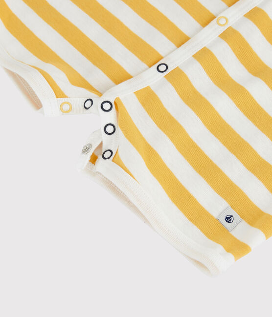 Babies' Stripy Cotton Playsuit OCRE yellow/MARSHMALLOW white