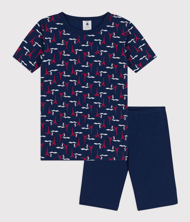 Children's unisex snug-fit cotton cropped pyjamas blue/multicolor