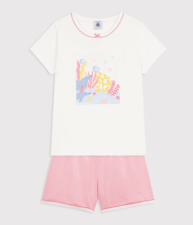Children's short cotton pyjamas with an ocean design white/pink