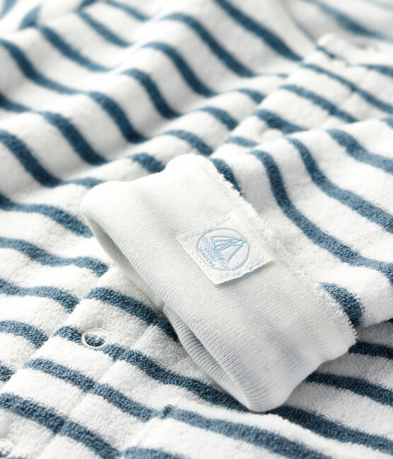 Babies' Unisex Long Striped Jumpsuit in Extra Warm Brushed Terry MARSHMALLOW white/ASTRO blue