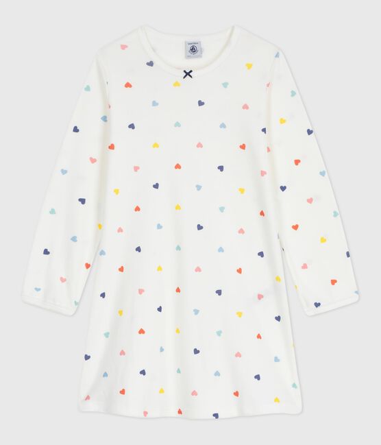 Children's long-sleeved heart-print cotton nightdress MARSHMALLOW white/MULTICO white