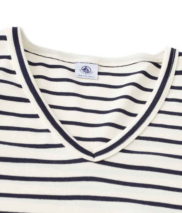 Women's long-sleeved V-neck tee white/blue