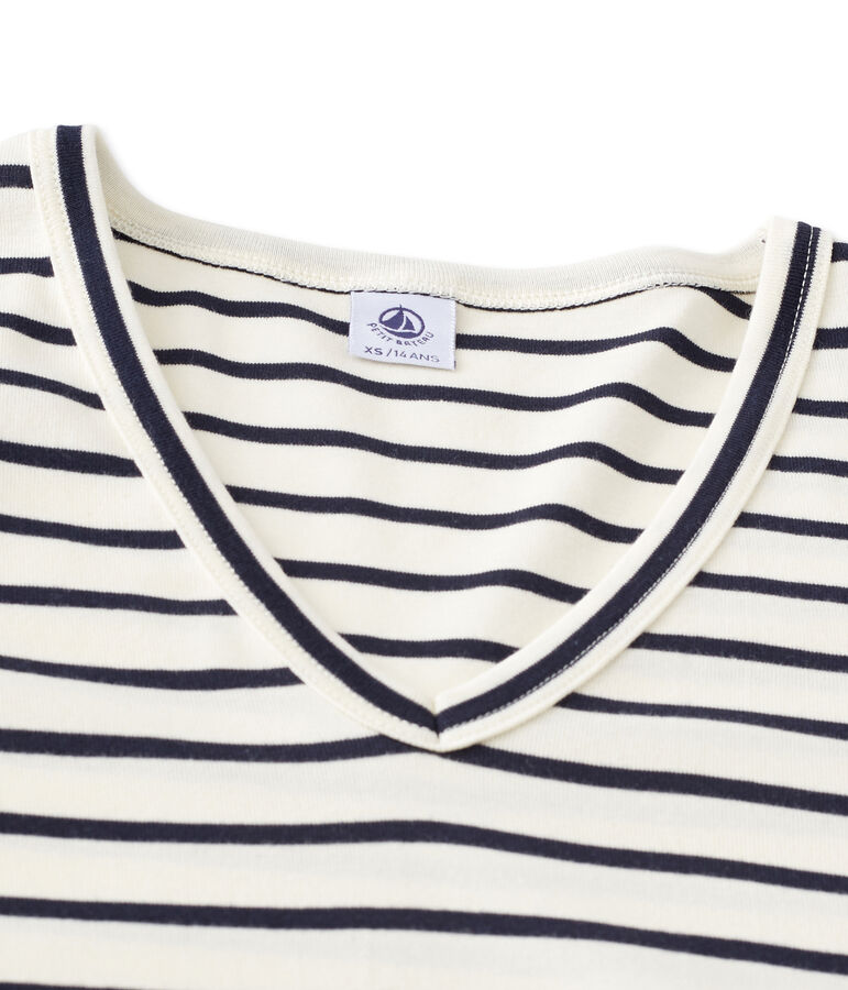 Women's long-sleeved V-neck tee COQUILLE beige/SMOKING blue