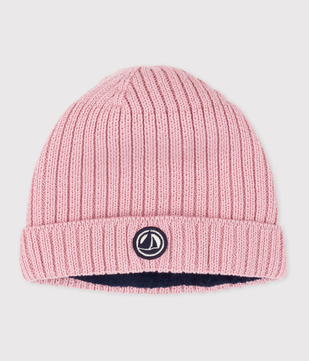 Babies' knitted beanie with a fleece lining pink