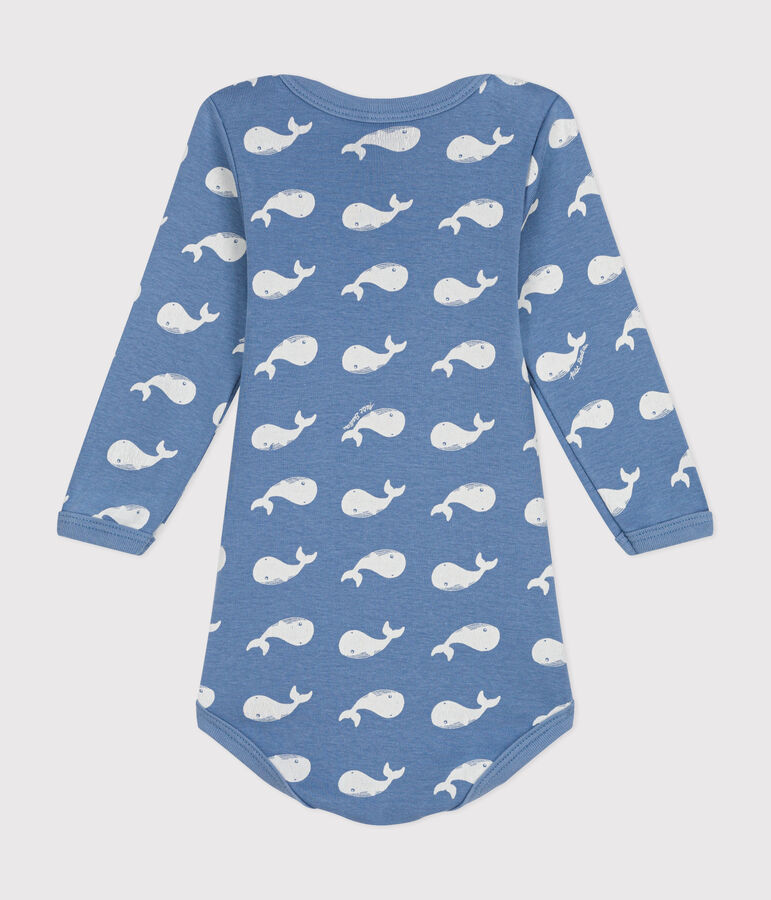 Babies' long-sleeved cotton body BEACH blue/MARSHMALLOW