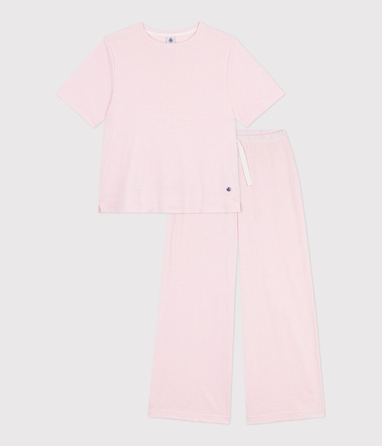 Women's wide-leg stripy cotton pyjamas pink/white