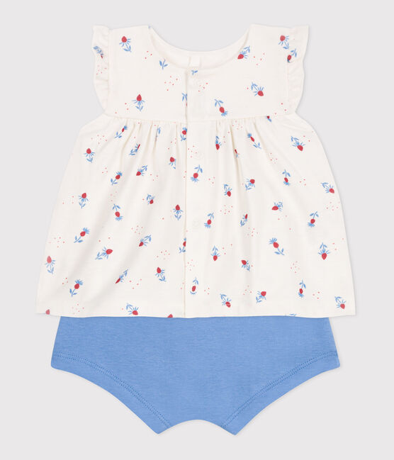Newborn babies' two-piece cotton set with a ruffled blouse MARSHMALLOW white/MULTICO white