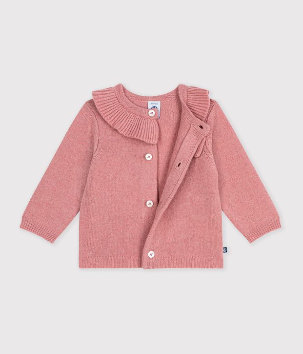Babies' plain wool and cotton knit cardigan with a collar pink
