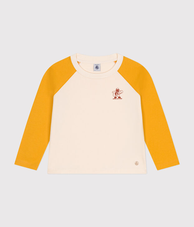 Boys' long-sleeved cotton T-shirt Ecru/yellow