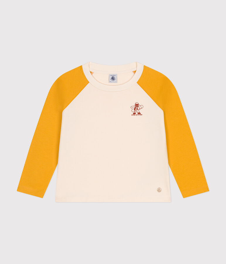 Boys' long-sleeved cotton T-shirt Ecru/yellow