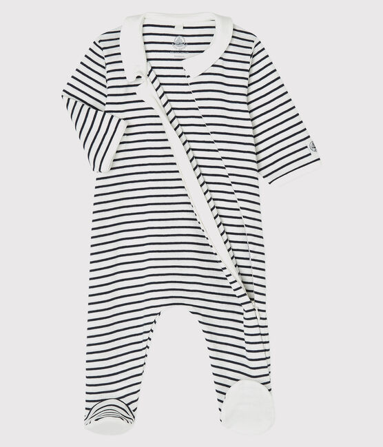 Babies' Sailor Striped Organic Cotton Sleepsuit MARSHMALLOW white/SMOKING blue