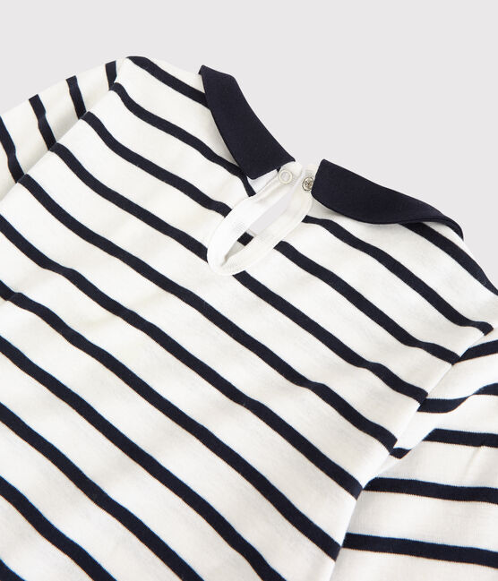 Girls' Long-Sleeved Cotton T-Shirt MARSHMALLOW white/SMOKING blue