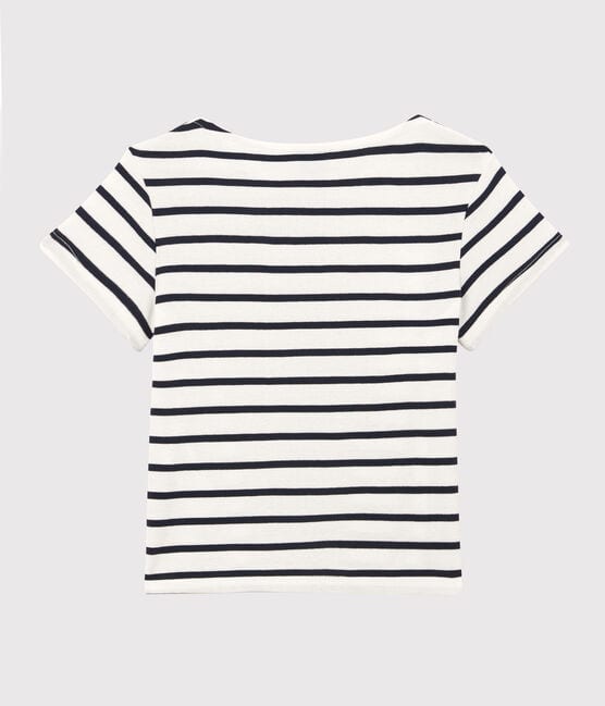 Girls' Short-Sleeved Organic Cotton T-Shirt MARSHMALLOW white/SMOKING blue