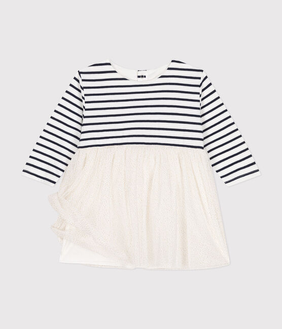 Babies' dress in stripy tube knit and tulle MARSHMALLOW white/MULTICO white