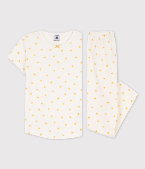 Girls' Sun Themed Short-Sleeved Organic Cotton Pyjamas MARSHMALLOW white/ORGE