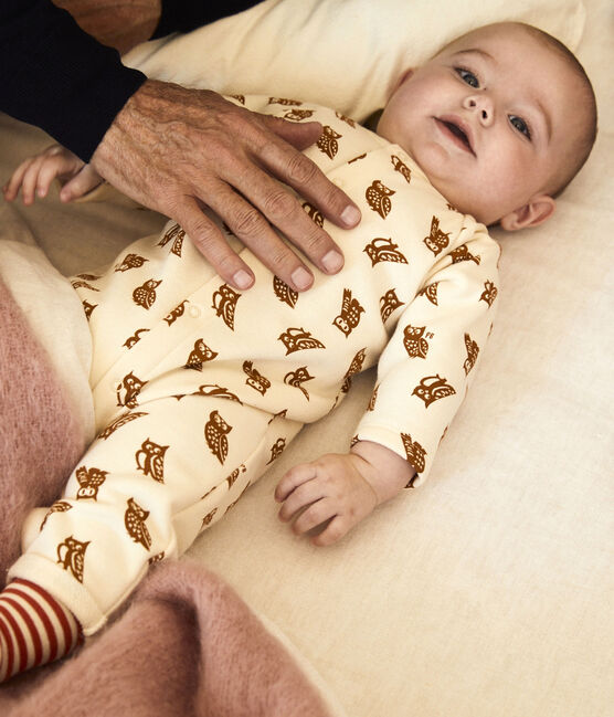 Babies' Owl Themed Cotton Jumpsuit AVALANCHE white/ECUREUIL