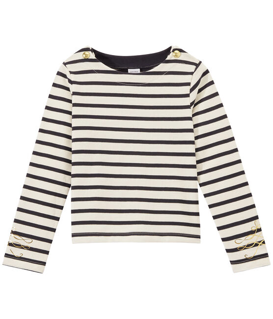 Girl's long-sleeved sailor top in heavyweight jersey MARSHMALLOW white/SMOKING blue