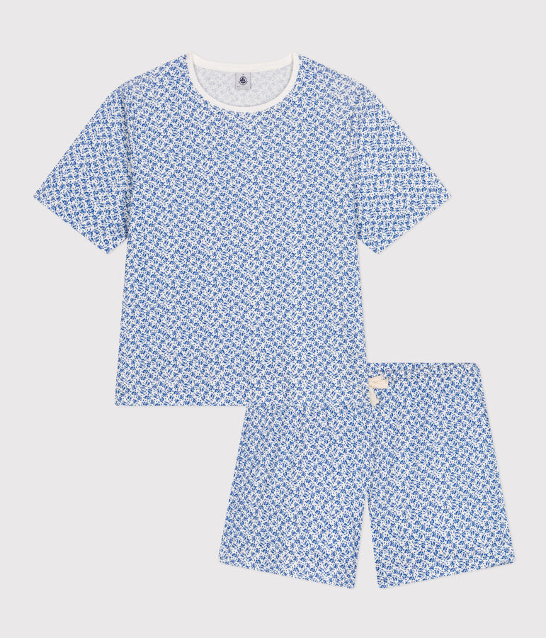 Women's Floral-pattern Cotton Pyjama Shorts and T-shirt white/blue