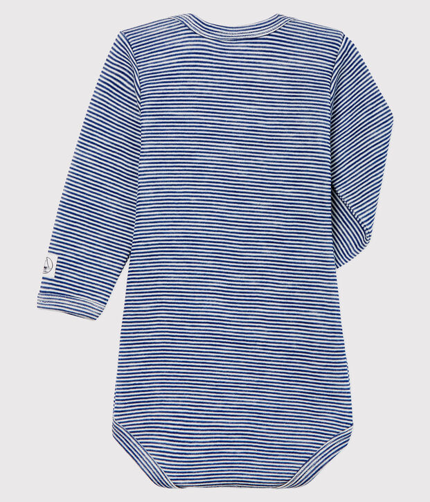 LONG-SLEEVED STRIPED WOOL AND COTTON BABYGROW blue/white