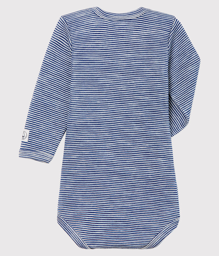 LONG-SLEEVED STRIPED WOOL AND COTTON BABYGROW blue/white