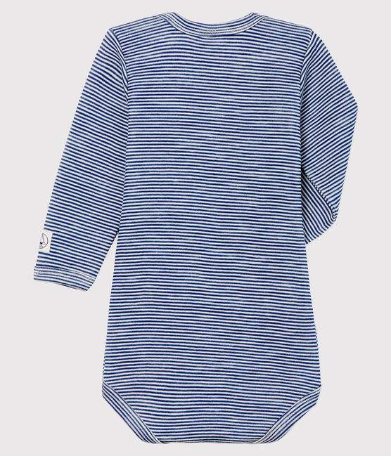Babies' Striped Long-Sleeved Bodysuit in Cotton/Wool MEDIEVAL blue/MARSHMALLOW white