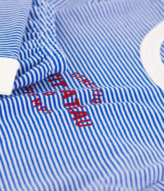 Children's Unisex Stripy Snugfit Cotton Pyjamas PERSE blue/MARSHMALLOW white