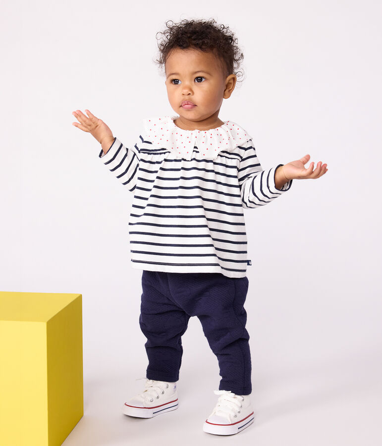 Babies' long-sleeved cotton blouse with Breton stripes and hearts on the collar white/blue